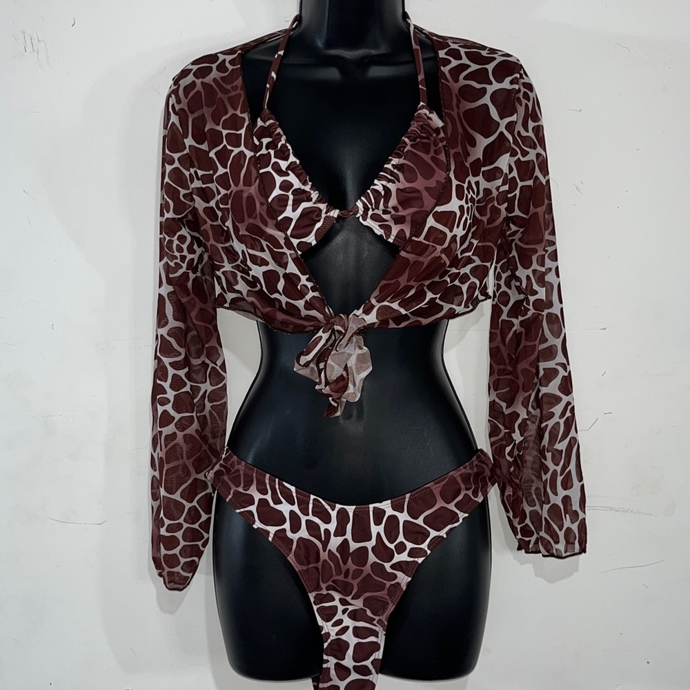 Brown Animal Print 3 Piece Bikini Set Cropped Sheer Cover Up Top Size Large